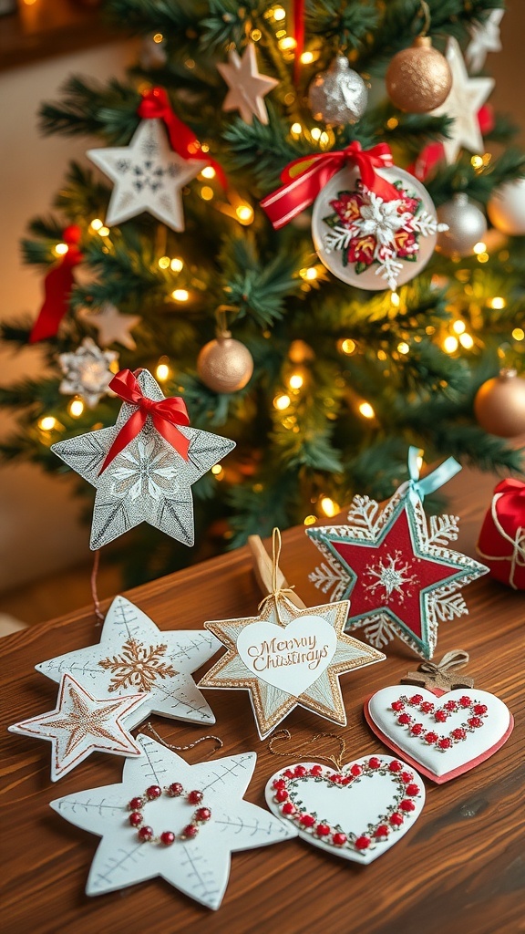 Handmade Christmas ornaments made from old greeting cards, displayed on a table with a Christmas tree in the background.